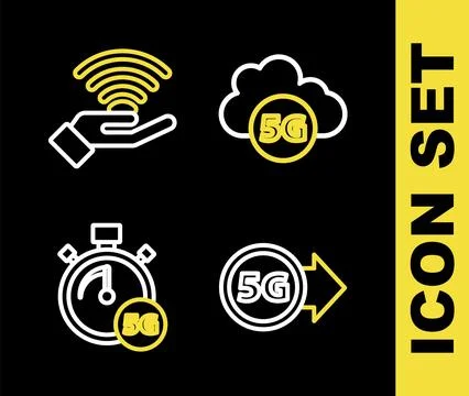 Set line Cloud 5G network, Digital speed meter and icon. Vector Stock Illustration