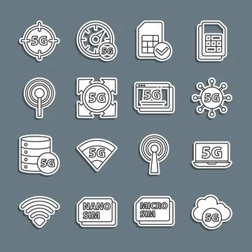 Set line Cloud 5G network, Laptop with, Sim card, Antenna,  and  icon. Vector Stockillustratie
