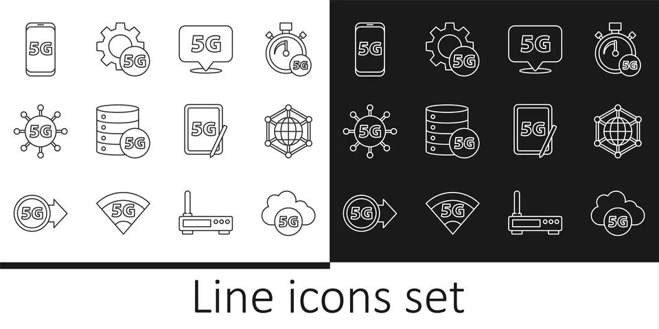 Set line Cloud 5G network, Social, Location, Server, Mobile with, Graphic t.. Stock Illustration