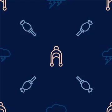 Set line Cloud and lightning, Opium poppy and Winter hat on seamless pattern Stock Illustration