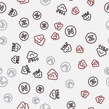 Set line Cloud and lightning, Compass north, and on seamless pattern. Vector Stock Illustration