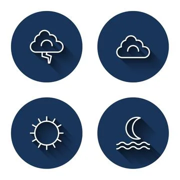 Set line Cloud and lightning, Sun and Night fog or smoke with long shadow. Blue Stock Illustration