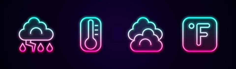 Set line Cloud and lightning, Thermometer, and Fahrenheit. Glowing neon icon Illustrazione stock