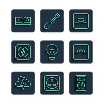 Set line Cloud and lightning, Electrical outlet, Ampere meter, multimeter, Bu Stock Illustration