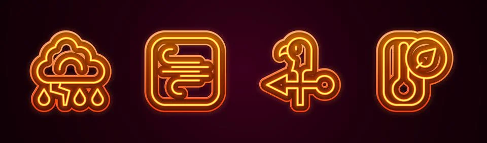 Set line Cloud and lightning, Wind, Rooster weather vane and Thermometer. Glo Illustration