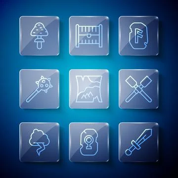 Set line Cloud and lightning, Magic rune, Medieval sword, Folded map, Mace with Stock Illustration