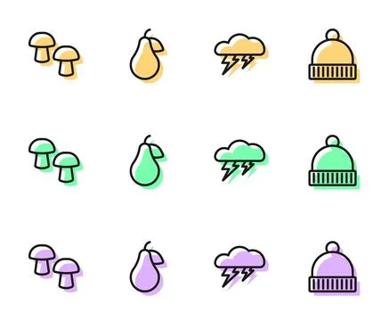 Set line Cloud and lightning, Mushroom, Pear and Winter hat icon. Vector Illustrazione stock