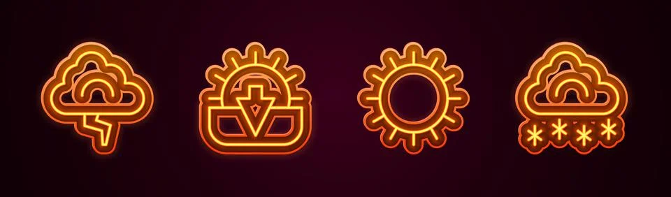 Set line Cloud and lightning, Sunset, and with snow. Glowing neon icon. Vector Illustration
