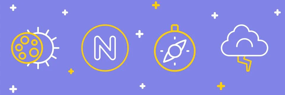 Set line Cloud and lightning, Compass, north and Eclipse of the sun icon. Vector 스톡 일러스트