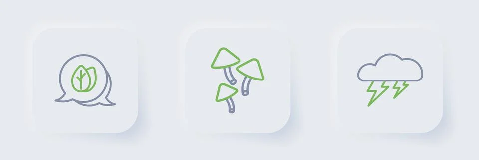 Set line Cloud and lightning, Mushroom and Leaf icon. Vector Stock Illustration