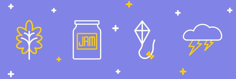 Set line Cloud and lightning, Kite, Jam jar and Leaf icon. Vector Stock Illustration