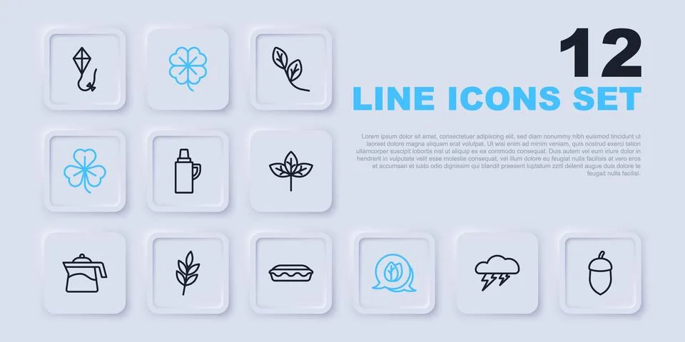Set line Cloud and lightning, Acorn, Thermos container, Leaf, Clover, Four .. Stock Illustration
