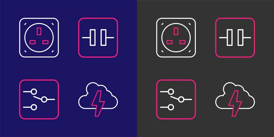 Set line Cloud and lightning, Switch electronic circuit, Electrolytic capac.. Illustrazione stock