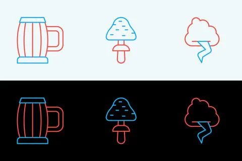 Set line Cloud and lightning, Wooden beer mug and Mushroom icon. Vector Stock Illustration