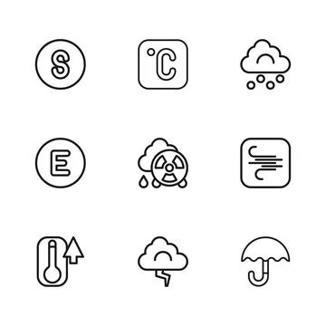 Set line Cloud and lightning, Wind, Umbrella, Acid rain radioactive cloud, .. Stock Illustration