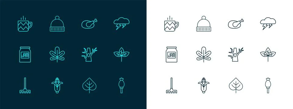 Set line Cloud and lightning, Corn, Bare tree, Leaf, Chestnut leaf, Roasted.. Illustrazione stock