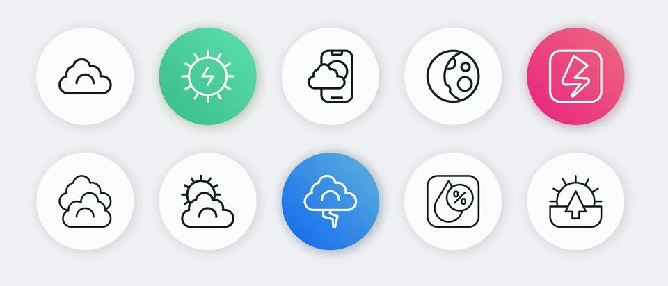 Set line Cloud and lightning, Lightning bolt, Water drop percentage, Moon p.. Stock Illustration