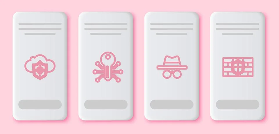 Set line Cloud and shield, Smart key, Incognito mode and Shield with brick wall Illustrazione stock