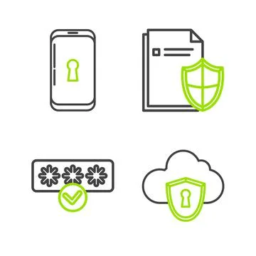 Set line Cloud and shield, Password protection safety access, Document concept Stock Illustration