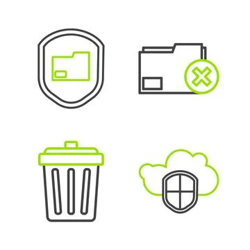 Set line Cloud and shield, Trash can, Delete folder and Document protection icon Stock Illustration