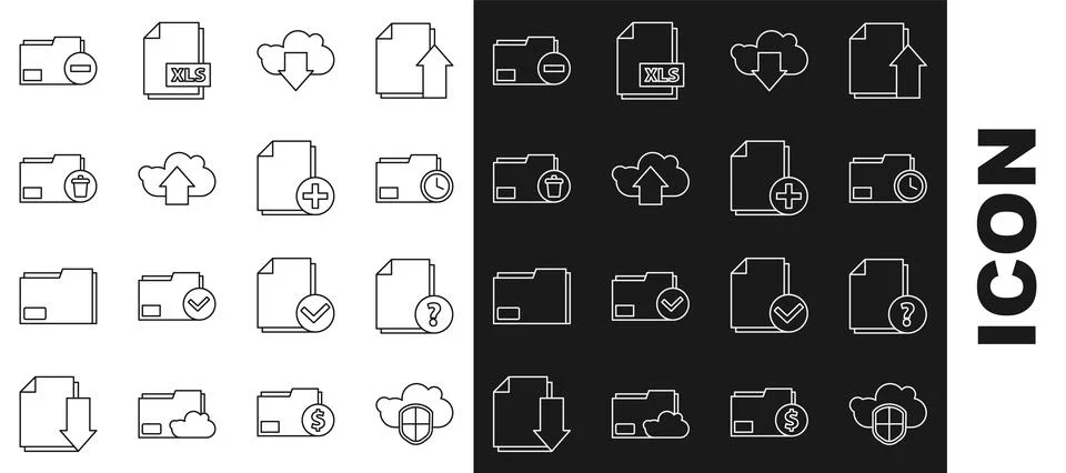 Set line Cloud and shield, Unknown document, Document folder with clock Stock Illustration