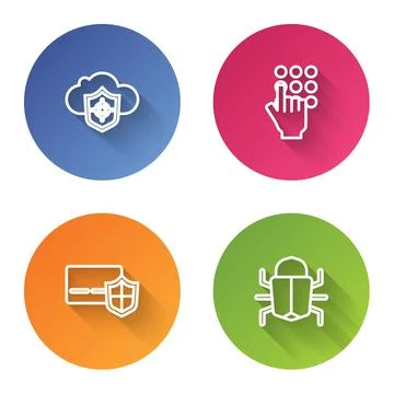 Set line Cloud and shield, Password protection, Credit card with and System bug Stock Illustration