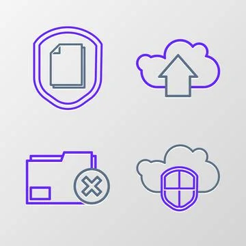 Set line Cloud and shield, Delete folder, upload and Document protection concept Stock Illustration