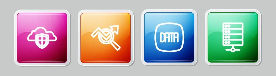 Set line Cloud and shield, Search data analysis, Data and Server. Colorful 스톡 일러스트