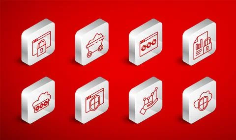 Set line Cloud and shield, Coal mine trolley, Password protection, Document lock Stock Illustration