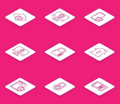 Set line Cloud and shield, Computer monitor, Smartphone with security, Lock c 스톡 일러스트