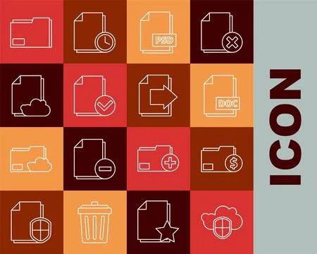 Set line Cloud and shield, Finance document folder, DOC file, PSD, Document c Illustrazione stock