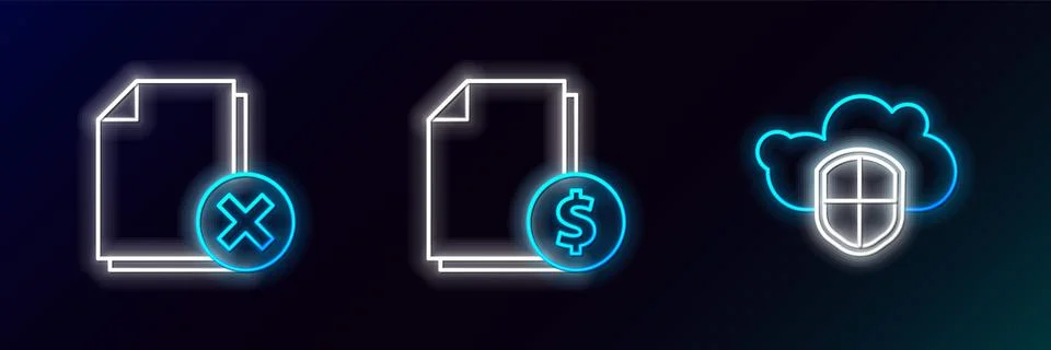 Set line Cloud and shield, Delete file document and Finance icon. Glowing neo Stock Illustration
