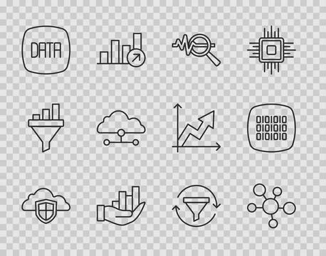 Set line Cloud and shield, Mind map infographic, Search data analysis, Pie chart Stock Illustration