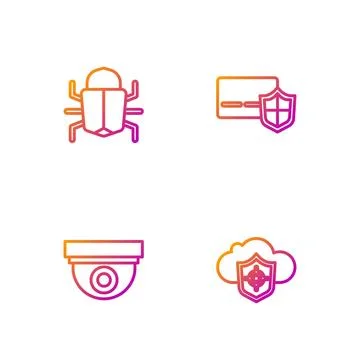Set line Cloud and shield, Security camera, System bug and Credit card with Stockillustratie