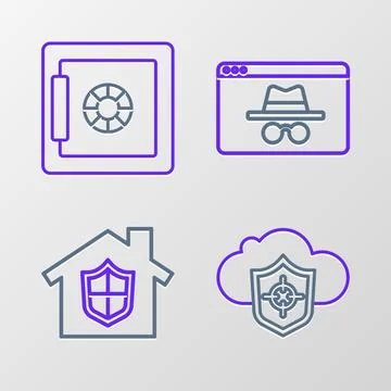 Set line Cloud and shield, House under protection, Browser incognito window and イラスト素材