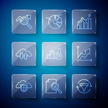 Set line Cloud and shield, Document with graph chart, Sales funnel, Pie Stockillustratie
