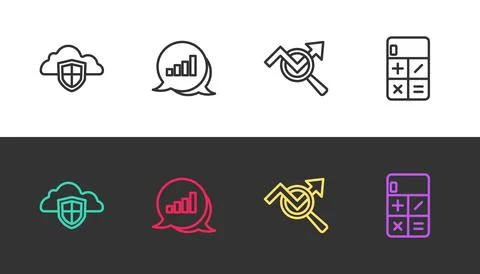 Set line Cloud and shield, Pie chart infographic, Search data analysis and Stock Illustration