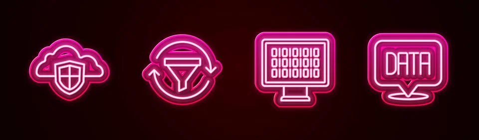 Set line Cloud and shield, Sales funnel with chart, Binary code and Data Stock Illustration