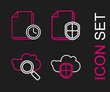 Set line Cloud and shield, Search cloud computing, Document protection conc.. Illustrazione stock