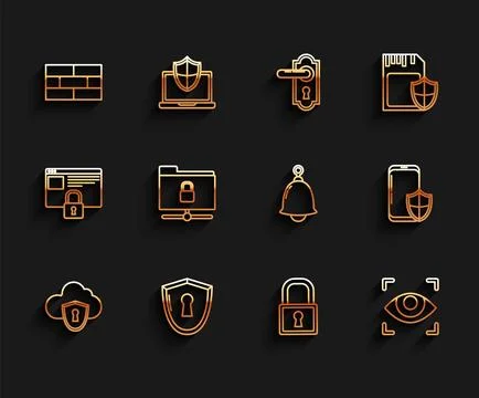 Set line Cloud and shield, Shield with keyhole, Bricks, Lock, Eye scan, FTP.. Illustrazione stock