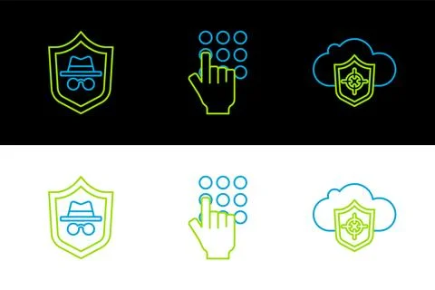 Set line Cloud and shield, Incognito mode and Password protection icon. Vecto Illustrazione stock