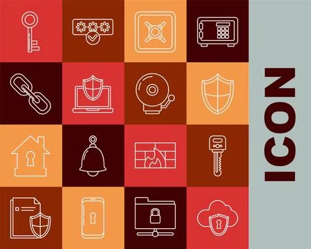 Set line Cloud and shield, Key, Shield, Safe, Laptop protected with, Chain .. Ilustración de archivo