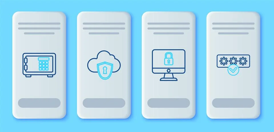 Set line Cloud and shield, Lock on computer monitor screen, Safe and Passwo.. Illustrazione stock