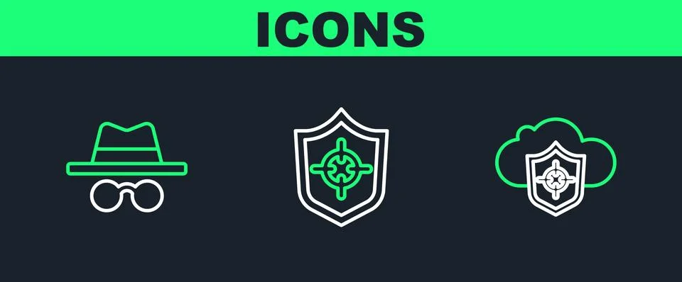 Set line Cloud and shield, Incognito mode and Shield icon. Vector Stock Illustration