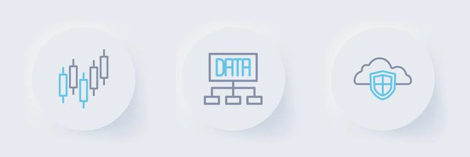Set line Cloud and shield, Data analysis and Browser with stocks market ico.. Stock Illustration