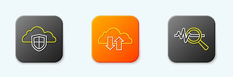 Set line Cloud and shield, download upload and Search data analysis icon. V.. Stockillustratie