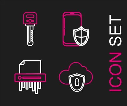Set line Cloud and shield, Paper shredder confidential, Smartphone with sec.. 스톡 일러스트
