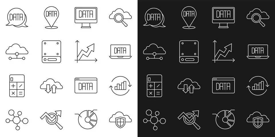 Set line Cloud and shield, Pie chart infographic, Data analysis, Server, Ne.. Stock Illustration