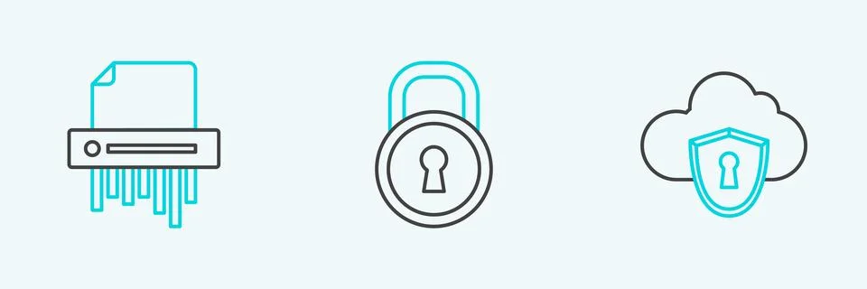 Set line Cloud and shield, Paper shredder confidential and Lock icon. Vector Illustrazione stock