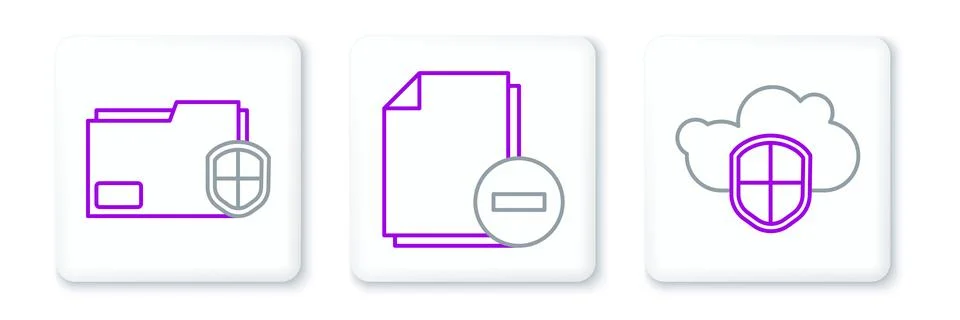 Set line Cloud and shield, Document folder protection and with minus icon. .. Stockillustratie